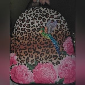 Leopard, bird, floral printed backpack with wallet - brown